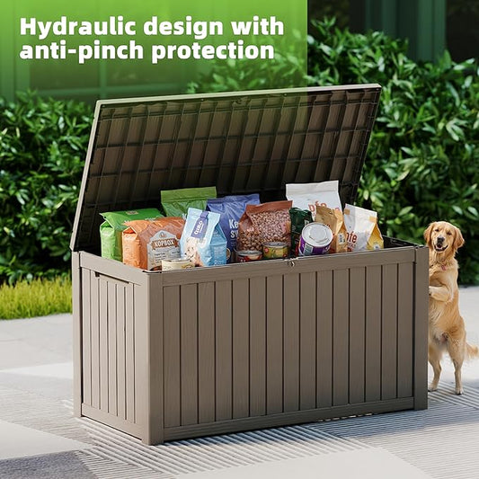 EasyUp 120 Gallon Outdoor Storage Box Waterproof, UV Resistant Resin Deck Box with Hydraulic Rod, Reinforced Stability for Patio, Garden, and Pool, Striped Gray