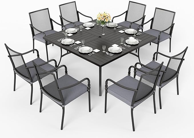 HERA'S HOUSE Metal Patio Table and Chairs Set for 8, Outdoor Dining Set 9 Pieces, 60" Square Table with Cushioned Armrest Chairs for Garden Backyard with Umbrella Hole