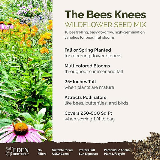 Eden Brothers The Bees Knees Wildflower Mixed Seeds for Planting, 1/4 lb, 120,000+ Seeds with Siberian Wallflower, Cosmos | Attracts Pollinators, Plant in Spring or Fall, Zones 3, 4, 5, 6, 7, 8, 9, 10