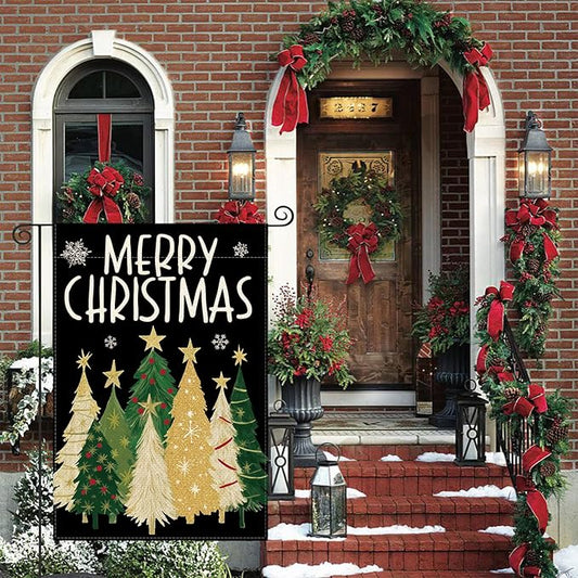AVOIN colorlife Merry Christmas Garden Flag 12x18 Inch Double Sided Outside, Christmas Trees Winter Holiday Yard Outdoor Flag Black