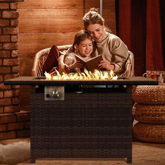 Aoxun 44" Propane Fire Pit 50,000 BTU Outdoor Wicker Fire Table with Wood-grainTabletop Patio Rectangular 2-in-1 Gas Fire Pit Table with Firepit Lid and Waterproof Cover
