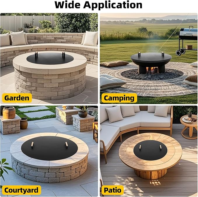 G GOOD GAIN Firepit Lid Round 34 Inch - Rust Resistant Fire Pit Lid Cover with Wooden Handle & Gloves, Fire Pit Snuffer Lid for Courtyards, Patio, Winter Cold Protection. Fits Fire Pits Up to 32"