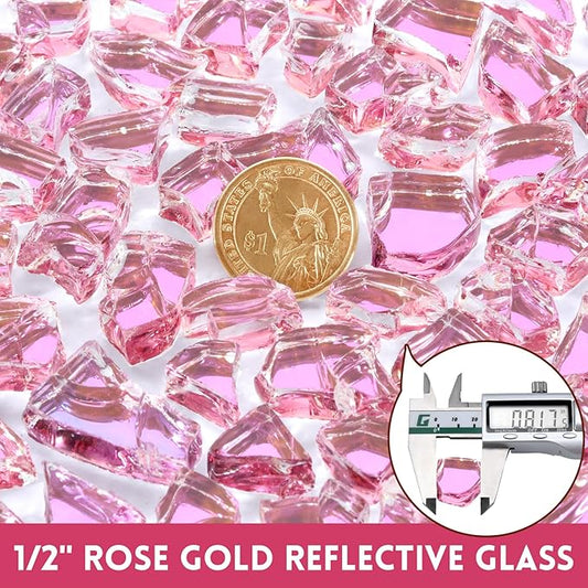 GasSaf 1/2 Inch Fire Glass Reflective Tempered Fireglass Cut Crushed FireGlass for Fire Pit, Fireplace, Replaces Existing Gas Logs & Lava Rocks (10 Pound)(Rose Gold Reflective)