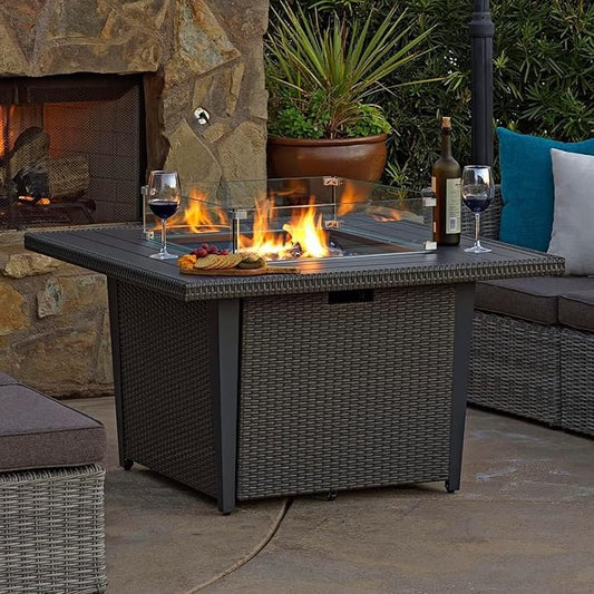 42 Inch Propane Gas Fire Pit Table, 50,000 BTU Outdoor Square Aluminum Fire Pit Table, Lid Wind + Guard + Weather Cover, CSA Certified 2 in 1 Rattan Fire Table for Patio, Garden, Backyard, Gray
