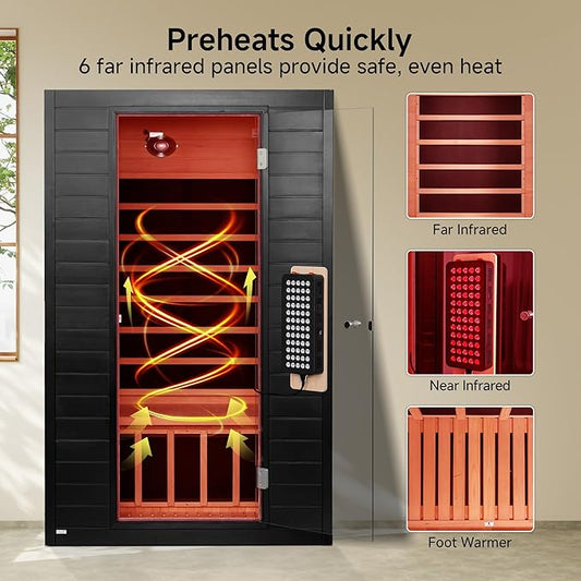 Infrared Sauna with Red Light Therapy, 2 Person Indoor Home Sauna Canadian Hemlock Wood Dry Heat Saunas Room with Bluetooth Speakers, 7 Color Chromotherapy Lamp, LCD Control Panel
