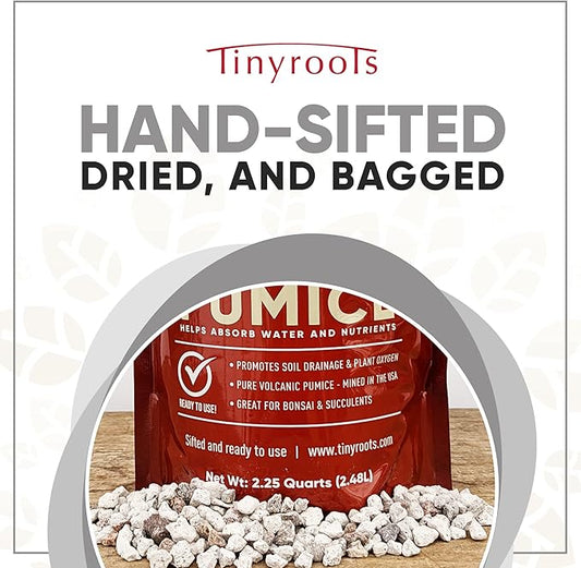 Tinyroots Horticultural Pumice for Plants - Bonsai Outlet Soil Additive for Succulents, Cactus, Bonsai & Other Plants - 100% Pure Volcanic Rocks, 1/4 inch Soil Additive, 2.25 Quarts