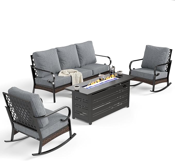 4 Piece Black Metal Outdoor Patio Furniture Sets with Firepit Table, Patio Conversation Sets 1 3-Seater Sofa, 2 Rocking Sofa with 5.75" Thick Cushion Backyard Furniture for Deck, Gray