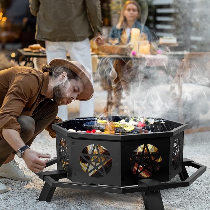 43 Inch Outdoor Fire Pit, Heavy Duty Wood Burning Firepits for Outside, Octagonal Metal Bonfire Fire Pits with Fire Poker for Camping, Backyard, Patio, Garden, Beach, Poolside, Picnic