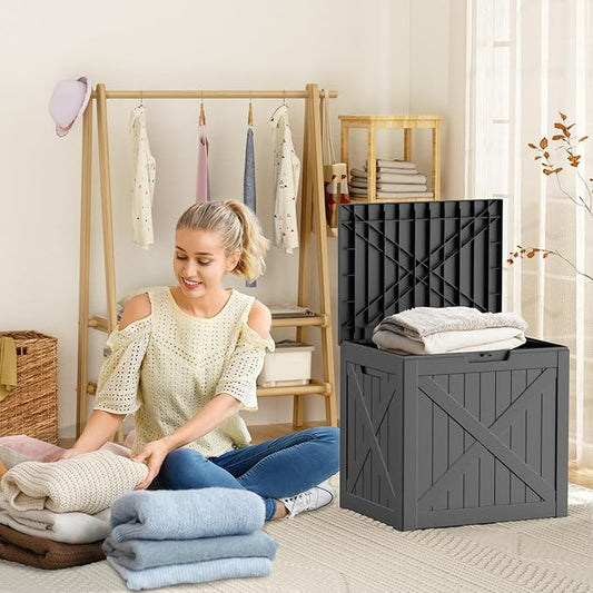 Vixzen 32 Gallon Resin Deck Box - Lockable Outdoor Storage for Patio Cushions, Garden Tools, Pool Supplies,Black