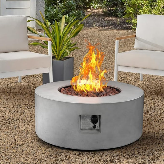 36inch Round Concrete Fire Pit Table Propane 50,000 BTU Outdoor Fire Table Modern Firepit CSA Certification Natural Gas Firepits with Steel Lid, Rain Cover for Outside, Backyard, Deck