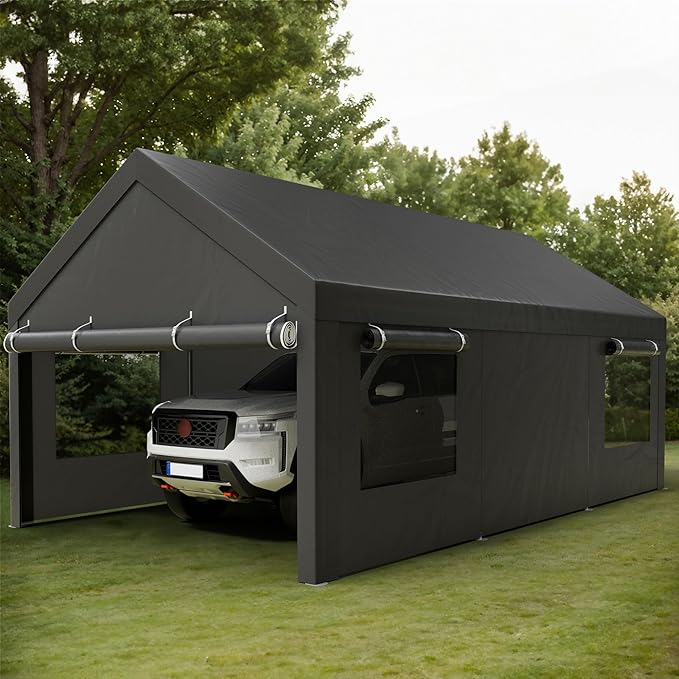 Shintenchi Carport 12' x 20' Heavy Duty Portable Garage, Car Port Canopy with Side-Opening Removable Door & Roll-Up Windows, Car Canopy for Truck,Car,Boat,Motorcycle,Grey