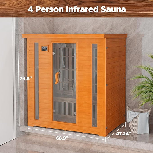 4 Person Far Infrared Sauna Indoor, Low EMF Wooden Sauna at Home with Bluetooth, Therapy Light, LCD Panel