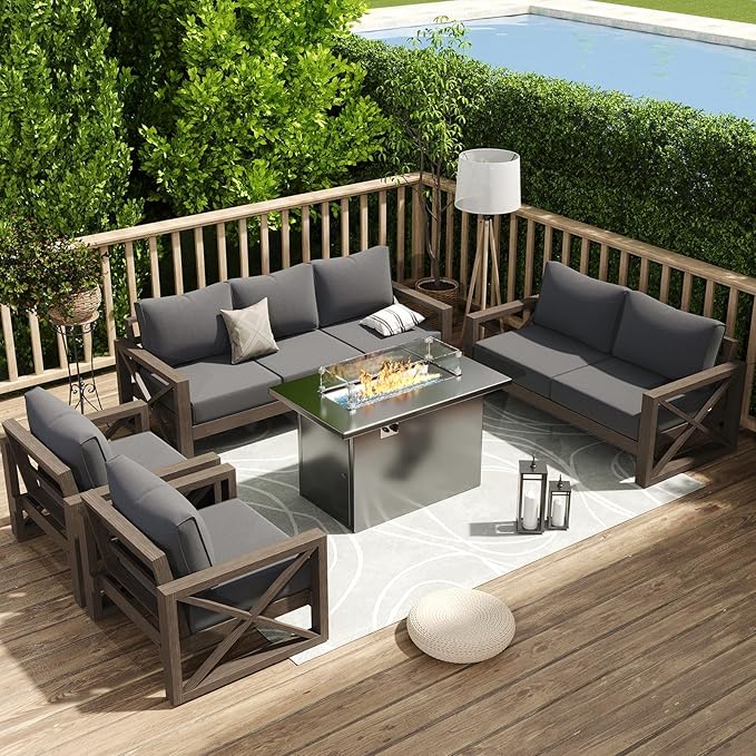 Amopatio Aluminum Patio Furniture Set with Fire Pit, 8 Pcs Metal Patio Sofa Couch Sets with Aluminum Fire Pit Table, Modern Outdoor Furniture with 6" Cushion, Dark Grey (Included Waterproof Covers)