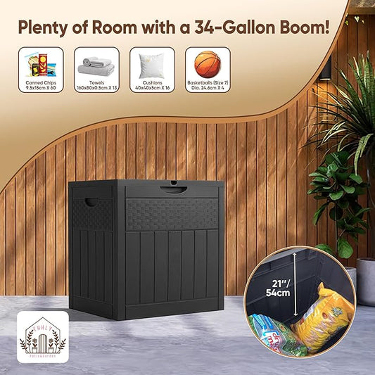 33 Gallon Deck Box, Small Outdoor Storage Box Waterproof, Lockable Secure Package Bin Delivery Box for Outside Front Porch, Patio Cushions Storage Box, Delivery Driver Snack Box for Porch, Black