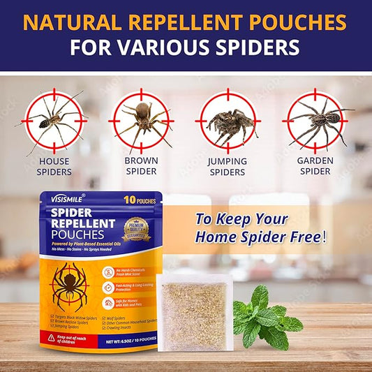Spider Repellent Pouches Indoor and Outdoor:Effective Spider Deterrent for House Garage Attic - Safe for Kids and Pets with Plant-Based Essential Oils 10 Pack