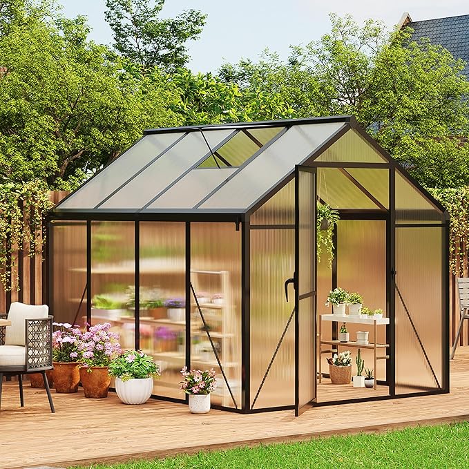6x8 FT Greenhouse for Outdoors, Polycarbonate Greenhouse with Roof Vent, Ground Nails, Lockable Push Door, Aluminum Large Walk-in Green House for Outside Garden Backyard, Patio, Lawn, Black