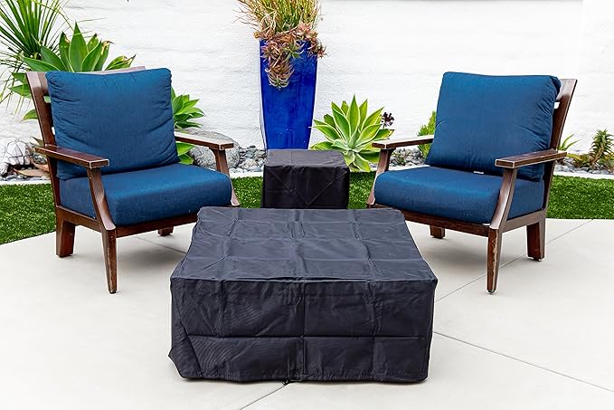 AMS Creations | Albany Square Propane Gas Outdoor Fire Pit Table | Concrete GFRC Fire Pit Table | with SS Lid, Canvas Cover, Lava Rock and Wind Guard Included (Fuel Type: Liquid Propane)