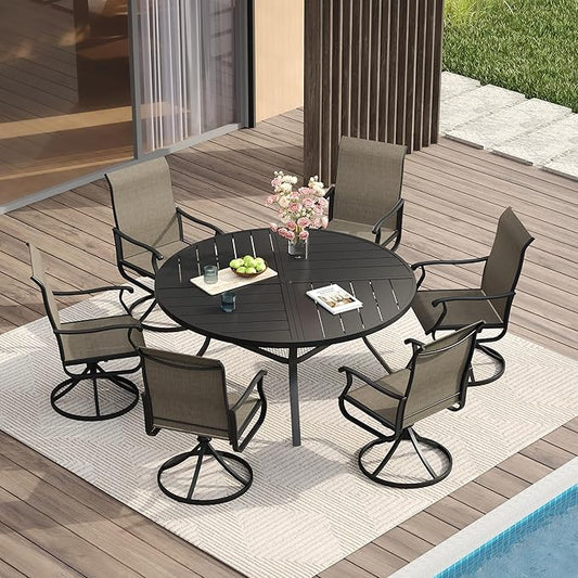VICLLAX Round Patio Table with Adjustable Umbrella Hole for 6, All Weather Metal Outdoor Dining Table for Lawn Garden, 50" Outdoor Coffee Table, Black Tabletop