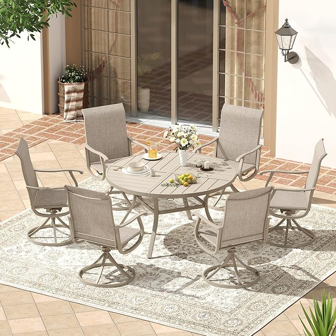 VICLLAX Round Patio Dining Table, 4-6 Person Metal Outdoor Dining Table with Umbrella Hole and Storage Shelf for Garden Lawn Deck, 47.2" Sandshell