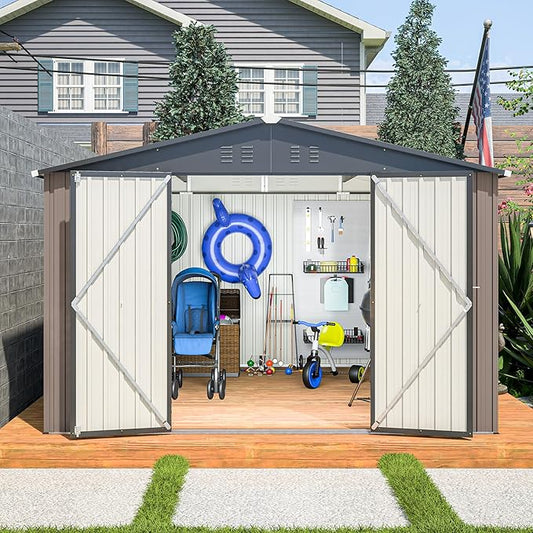 Favfurish Outdoor Storage Shed 10 x 10 FT,Heavy Duty Tool Sheds Metal Storage Garden Shed with Sloped Roof and Lockable Doors,Large Metal Storage Sheds for Backyard Patio Lawn, Brow