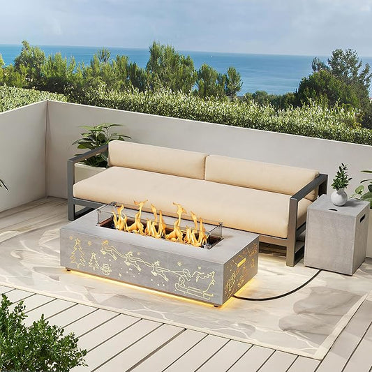 42" Propane Fire Pit Table with Christmas Cutout Decoration and LED Lights – 50,000 BTU with Wind Guard Glass, Lid, Rocks and Cover – Outdoor Fireplace (Light Grey/Christmas Golden, 42" LED)