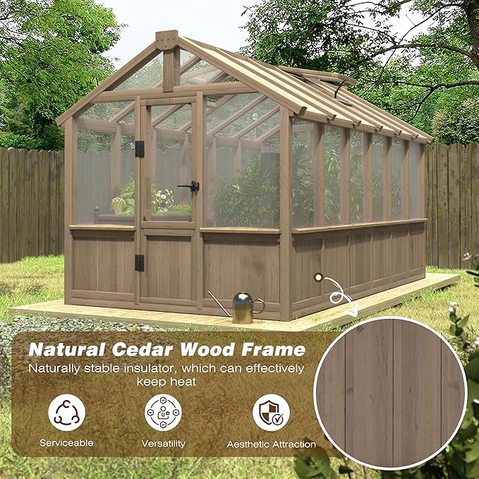 Mupater 6'x12' Wooden Polycarbonate Greenhouse,Outdoor with Ventilated Window and Lockable Door, Walk-in Greenhouse for Backyard, Patio, Lawn, Brown