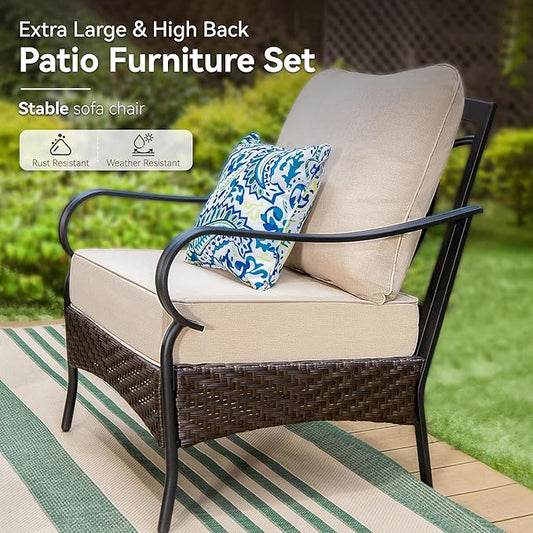 GREEN PARTY Extra Large Outdoor Patio Furniture Set 4 Pieces for 5, Modern Metal Patio Conversation Sets with High Back 3-Seat Sofa, 2 Fixed Chairs, 1 Coffee Table, for Garden, Backyard