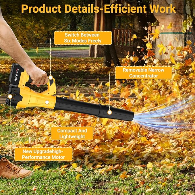 Cordless Leaf Blower, Electric Leaf Blower with Battery & Charger – 2×4.0Ah Batteries, 6 Speed Modes, 21V Powerful Lightweight Handheld Blower for Lawn Care, Patio Cleaning, Car Drying, Dust