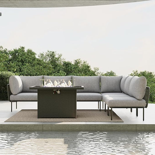 7 Piece Modern Outdoor Rope Wicker Sectional Patio L-Shaped Conversation Sofa Set Deep Seating with Fire Pit Table