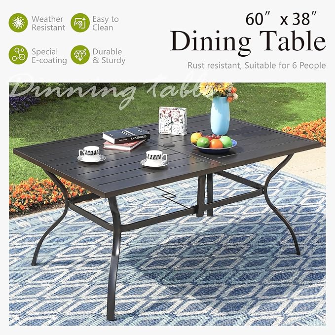 Sophia & William Outdoor Patio Table for 6 People, Rectangular Metal Patio Outdoor Dining Table, Black Steel Slatted Weather-Resistant Table with 2" Adjustable Umbrella Hole, L60 * W38 * H28
