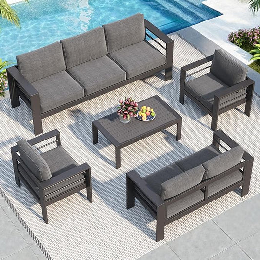 Solaste Aluminum Patio Furniture Set for All Weather, Oversized Metal Outdoor Furniture Set with 27.5" Deep Seating and 3.2" Wide Armrest, Outdoor Patio Conversation Sets with 5" Cushion, Dark Grey