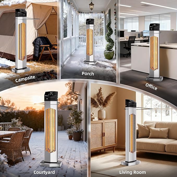 Outdoor Heaters for Patio, Electric Patio Heater with Remote, 12H Timer, IPX5 Waterproof, Tip-Over & Overheat Protection, Infrared Space Heater for Indoor, Porch, Garage, Large Room, Sliver