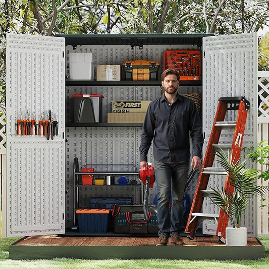 Vertical Resin Storage Shed with 2 Shelves, 60 Cuft Garden Tool Sheds & Outdoor Storage, Plastic Outdoor Storage Cabinet Waterproof, 4.5 x 2.3 ft Backyard Outside Lawn Mower Storage Shed, White