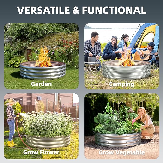 48 Inch Fire Pit Ring for Outside, 4FT Diameter Wood Burning Fire Ring, Large Round Galvanized Steel Fire Pit, Metal Outdoor Fireplace for Backyard, Patio, Camping, Bonfire (Silver)