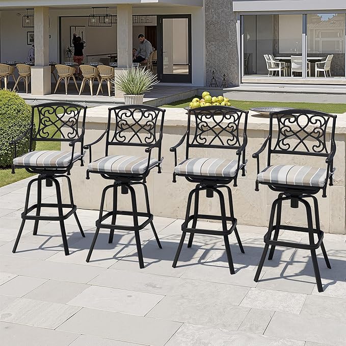 Crestlive Products Outdoor Bar Stools with Sunbrella Cushion Set of 4, 360° Swivel Patio Bar Height Chairs, All Weather Commercial Grade Furniture, Antique Brown Finish for Outside (Milano Char)