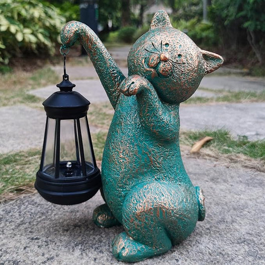 RCTTICUU Cat Garden Statue Outdoor Décor with Solar Lights Lantern,Cat Solar Light Figurines Outside Decorations for Yard,Lawn Patio, Balcony, Unique Housewarming Gifts