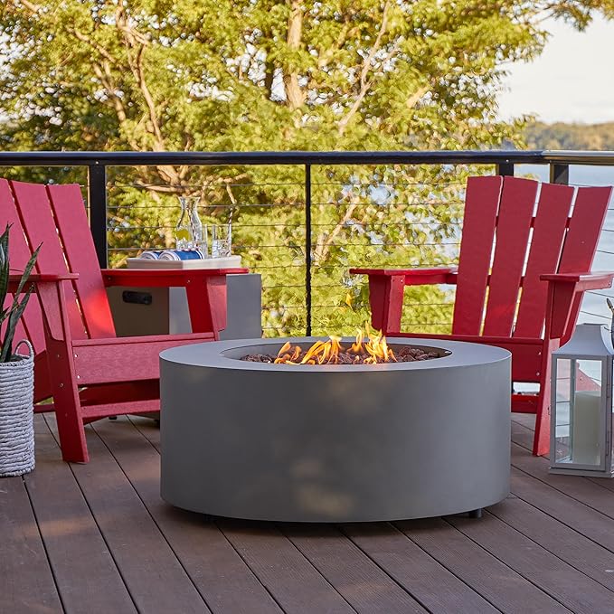 Real Flame Aegean 36" Round Propane or Natural Gas Fire Pit Table, 50,000 BTU, Powder-Coated Steel, Push-Button Ignition, CSA Certified, Lava Rock, Storage Cover, Stainless Steel Burner with Lid