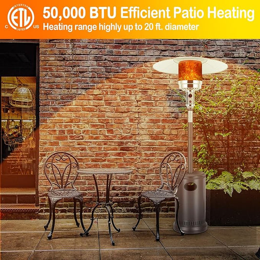 Hykolity 50,000 BTU Propane Patio Heater with Table Design, Stainless Steel Burner, Triple Protection System, Wheels, Outdoor Heaters for Patio, Garden, Commercial and Residentia(Brown)