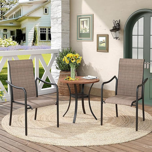 DIFY 27.6" Round Patio Dining Table, Outdoor Bistro Table with Rust Resistant Metal Frame, Ideal for Lawn, Backyard and Deck, Walnut