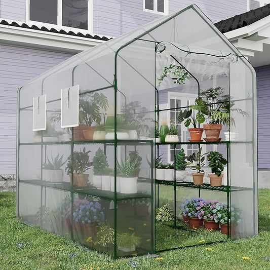 Greenhouse, 57 x 85 x 77'' Greenhouses for Outdoors, with Mesh Side Windows, PE Cover, 8 Shelves, Heavy Duty Walk in Green House for Backyard Garden Indoor, White& Green Outside