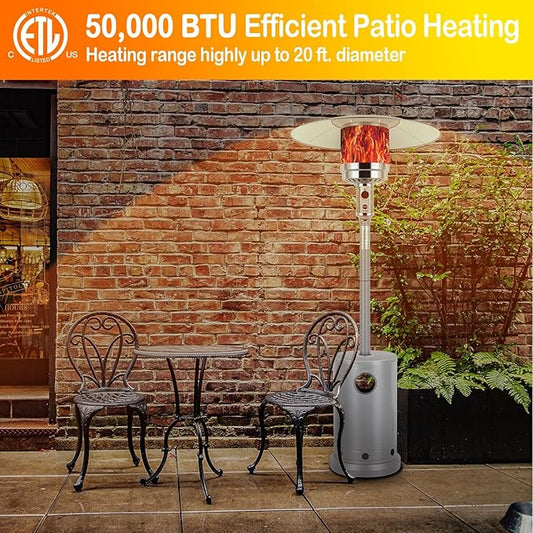 Hykolity 50,000 BTU Propane Patio Heater, Stainless Steel Burner, Triple Protection System, Wheels, Outdoor Heaters for Patio, Garden, Commercial and Residential, Silver