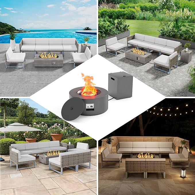 2-Piece 30" Round Propane Fire Pit for Outside Patio with Hidden Tank Table, 50,000 BTU Fireplaces with Lid, Glass Rocks, Cover(Dark Grey)