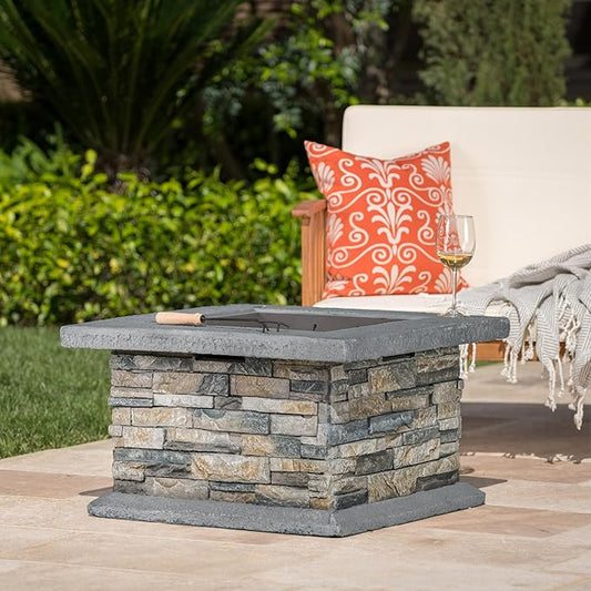29 Inch Outdoor Fire Pit Table, Wood Burning Fire Pit for Patio with Spark Screen, Fire Poker, MGO Square Fireplaces for Camping, Garden, Backyard, Bonfire Party, Stone Gray