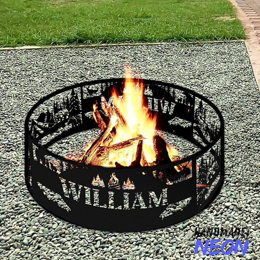 Personalized Bear Fire Pit Ring Wildlife Forest Stainless Steel Custom Name 360 Degree Campfire Ring Stove Outdoor BBQs Backyard Camping Garden Decor Gifts Father Nature Lover