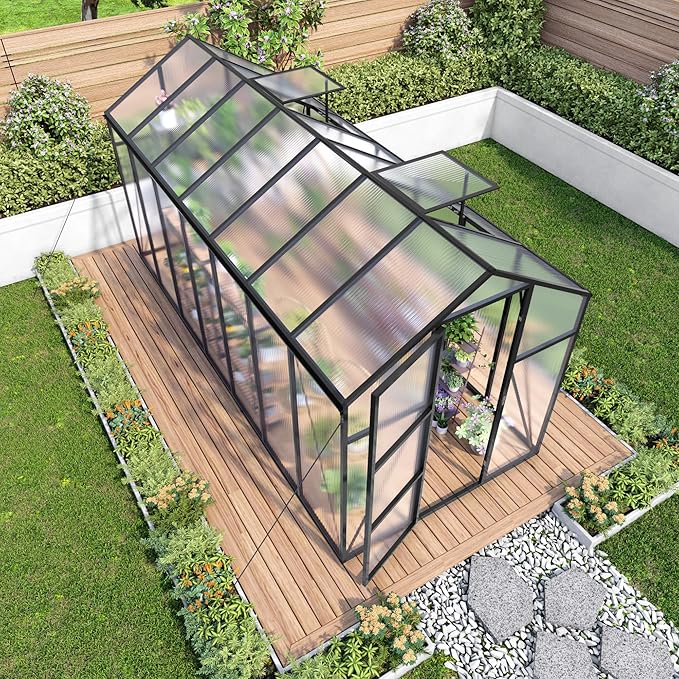 KEIKI Aluminum 6x14 FT Walk-in Polycarbonate Greenhouse, Outdoor Gardening Greenhouse with Raised Base, Roof Vent & Weather-Resistant Panels, Black