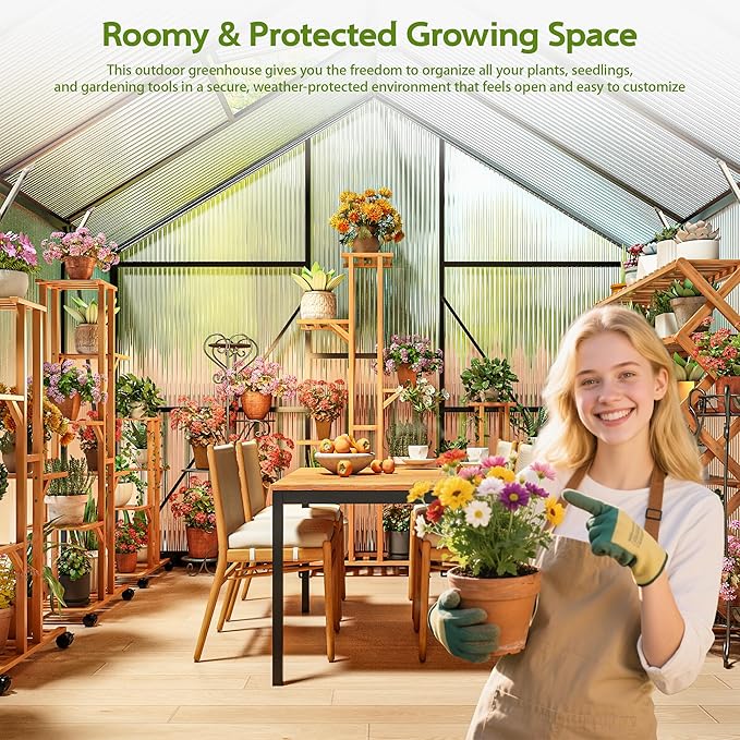 Wanan 14x8FT Greenhouses for Outdoors, Quick Assembly Polycarbonate Green House with UV Protection, Windproof Aluminum Frame Heavy Duty, Adjustable Roof Vent for Backyard or Outdoor Garden Use
