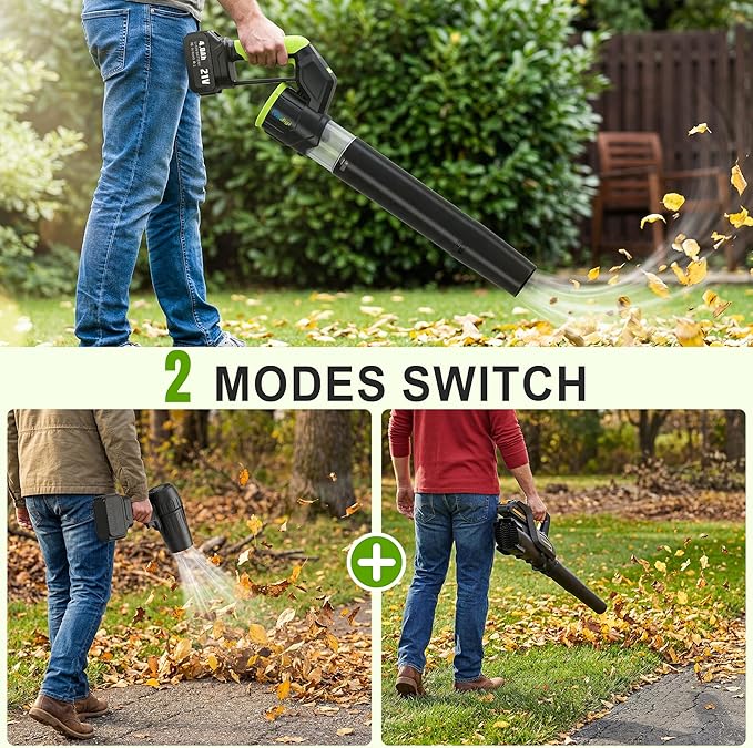 VIPDIGI Electric Leaf Blower Cordless, 180° Rotatable, 2 Batteries & Charger, Handheld Leaf Blowers for Lawn Care, 4 Speed Mode, Portable Lightweight Grass Blower for Yard (Green-Black)
