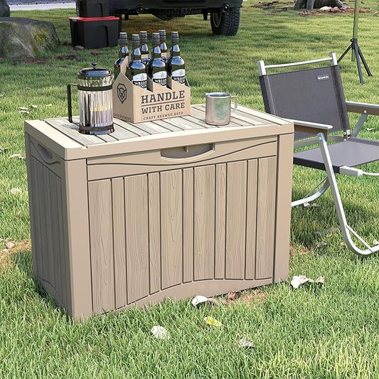 Upgrade 52 Gallon Waterproof Large Resin Deck Box Indoor/Outdoor Lockable Storage Container and Seating for Garden, Pool, and Patio (52 Gallon, Grey)