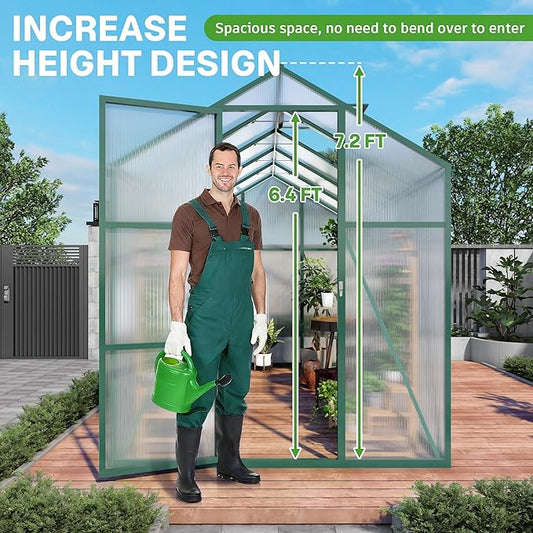 Greenhouse for Outdoors 6.1x4.1x7.2 FT, Polycarbonate Greenhouses with Roof Vent, Lockable Door and Ground Nails, Heavy-Duty Aluminum Walk-in Green House, Large Sunroom for Garden, Green