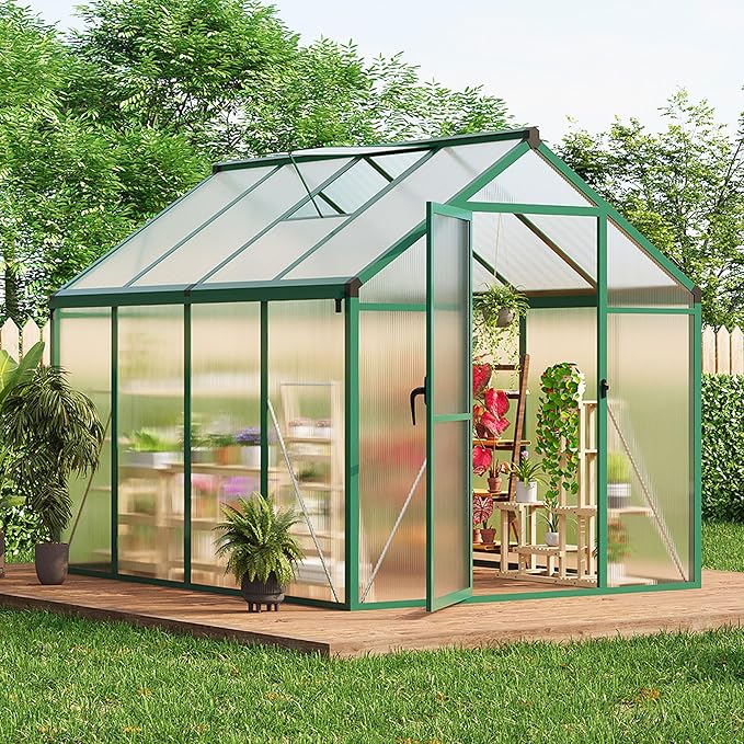 6×8 FT Greenhouse, Large Walk in Greenhouses for Outdoors and Garden Planting, Polycarbonate Greenhouse with Enhanced Aluminum Frame, Green Houses with Quick Setup Structure and Roof Vent, Green